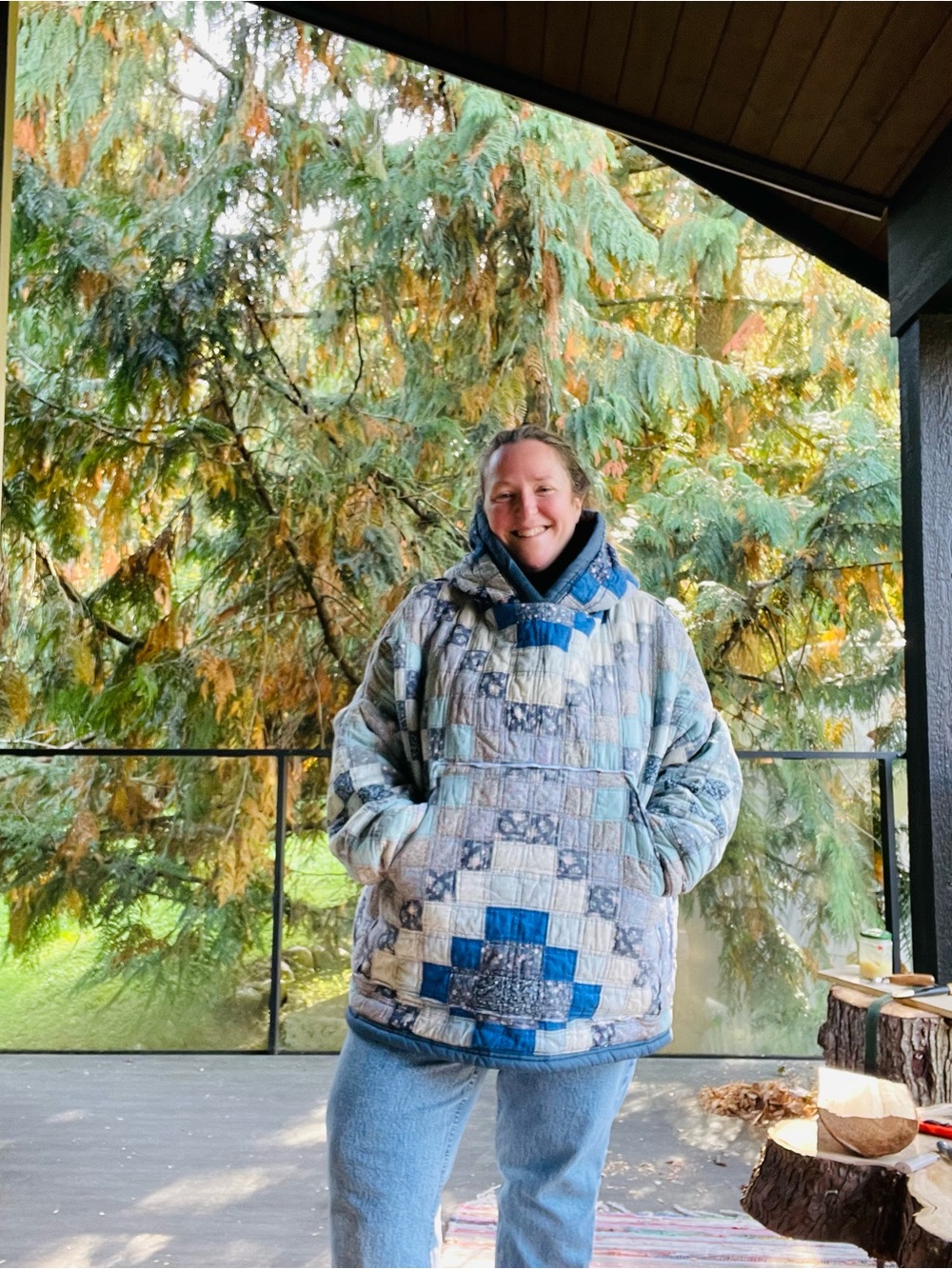 Handmade blue square patchwork quilted cozy hoodie OS